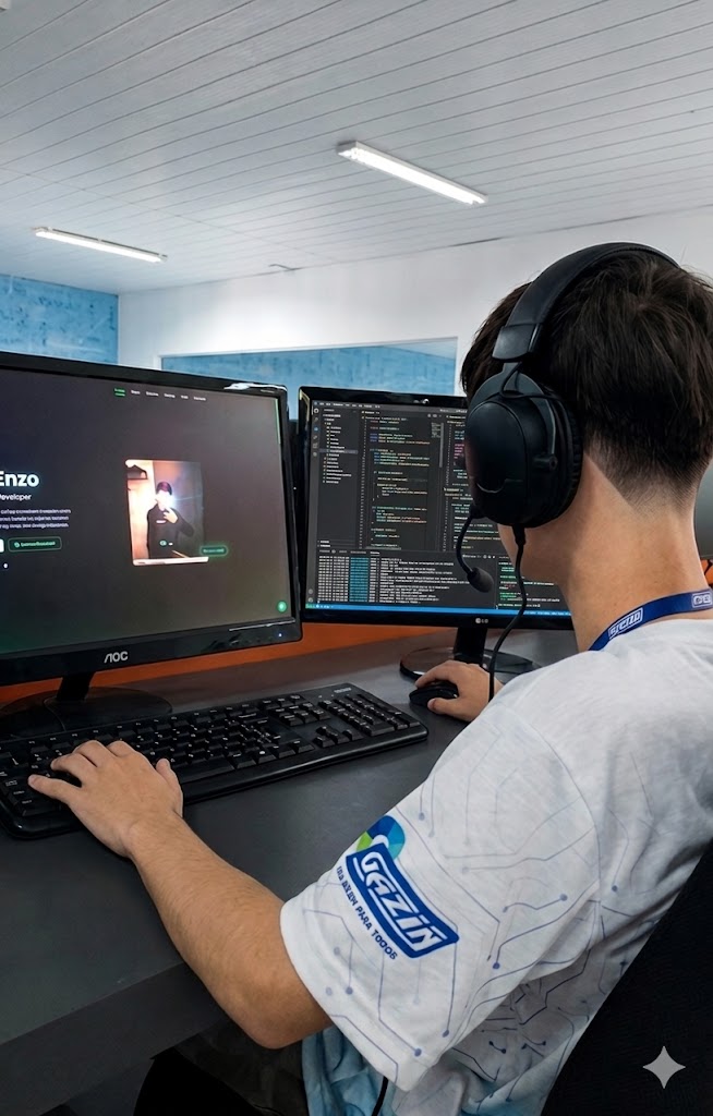 Enzo programando no computador